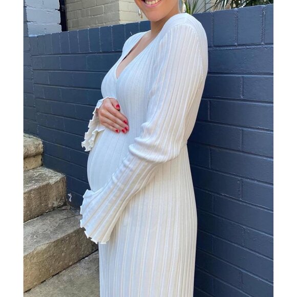 Women's Ribbed Knit Sweater Dress Casual Bodycon V Neck Long Sleeves - Picture 6 of 6